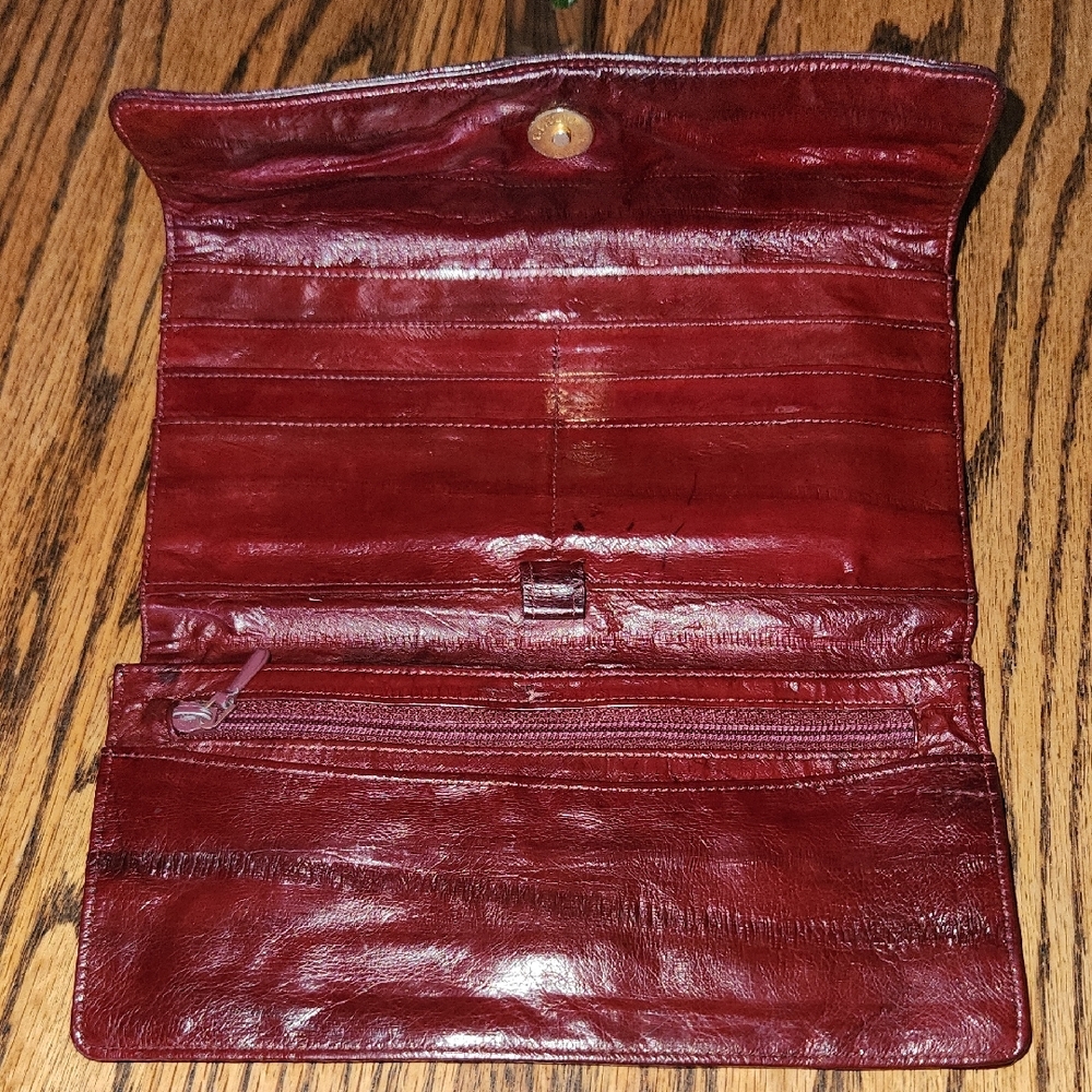 Vintage Burgundy Eel Skin Leather Clutch Wallet - Picture 4 of 11